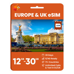 eSIM Europe & UK (12GB, 18GB or 30GB)