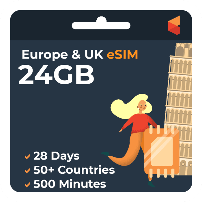 Prepaid Travel eSIM: UK & Europe eSIM | 24GB | SimCorner