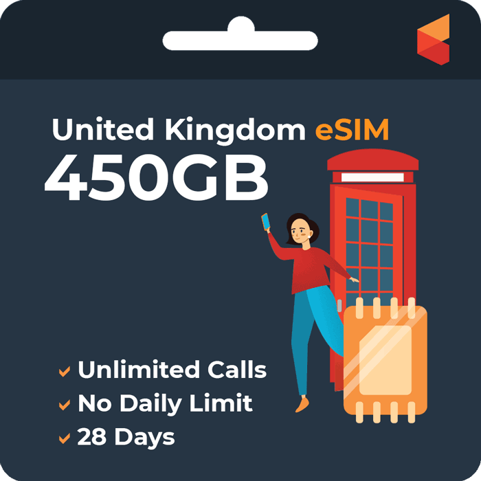 Prepaid Travel eSIM: UK eSIM (450GB) SimCorner